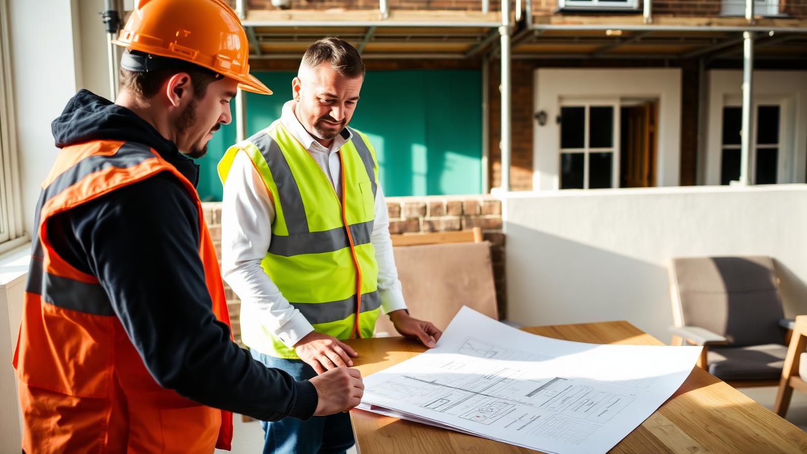 Builder and homeowner reviewing drawings and a contract on a London extension site